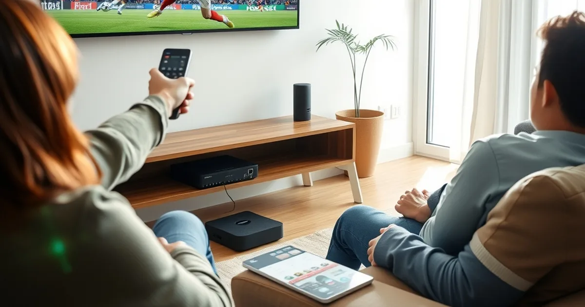 Ein Wohnzimmer bei Tageslicht mit einer Android-Box unter dem Fernseher, auf dem ein Fußballspiel läuft, während jemand mit der Fernbedienung durch das Programm zappt.