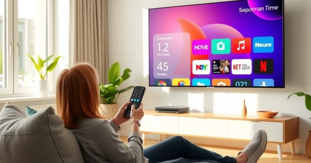 Person vergleicht auf dem Fernseher verschiedene IPTV-App-Oberflächen in einem hellen, sonnigen Wohnzimmer.