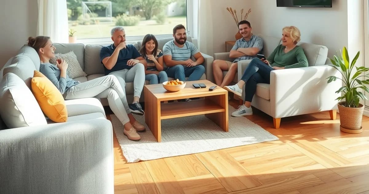 Freunde sitzen in einem hellen, sonnendurchfluteten Wohnzimmer auf dem Sofa und schauen gemeinsam ein Bundesliga-Spiel im Fernsehen