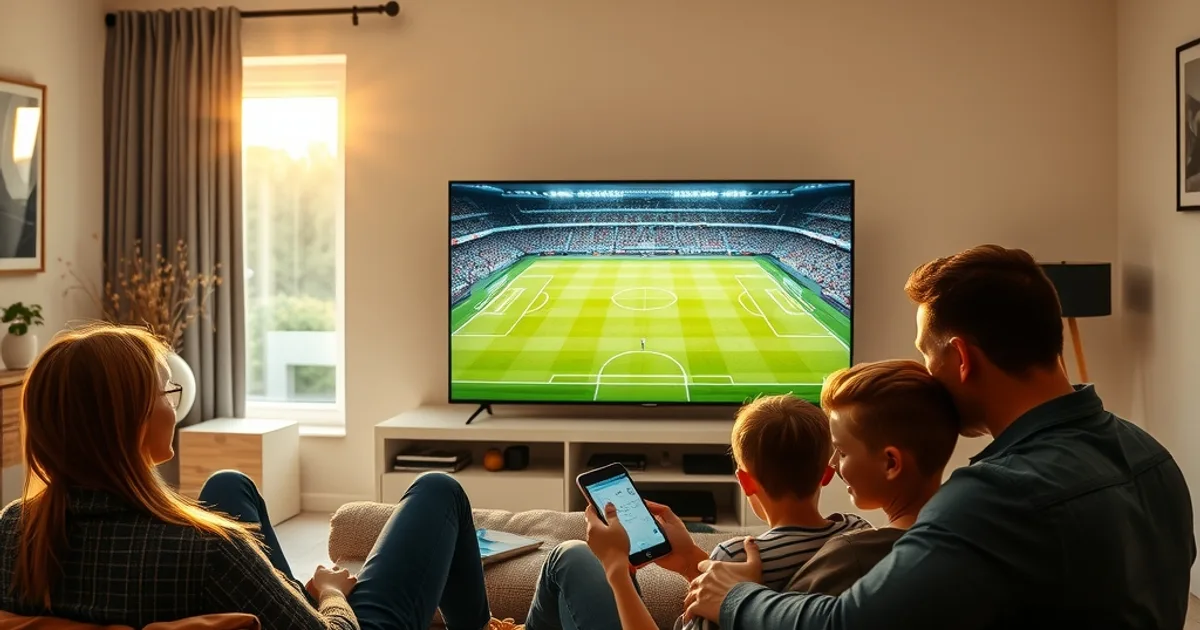 Familie testet abends im Wohnzimmer die Internetgeschwindigkeit auf dem Smartphone, im Hintergrund ein Fernseher mit Fußballübertragung