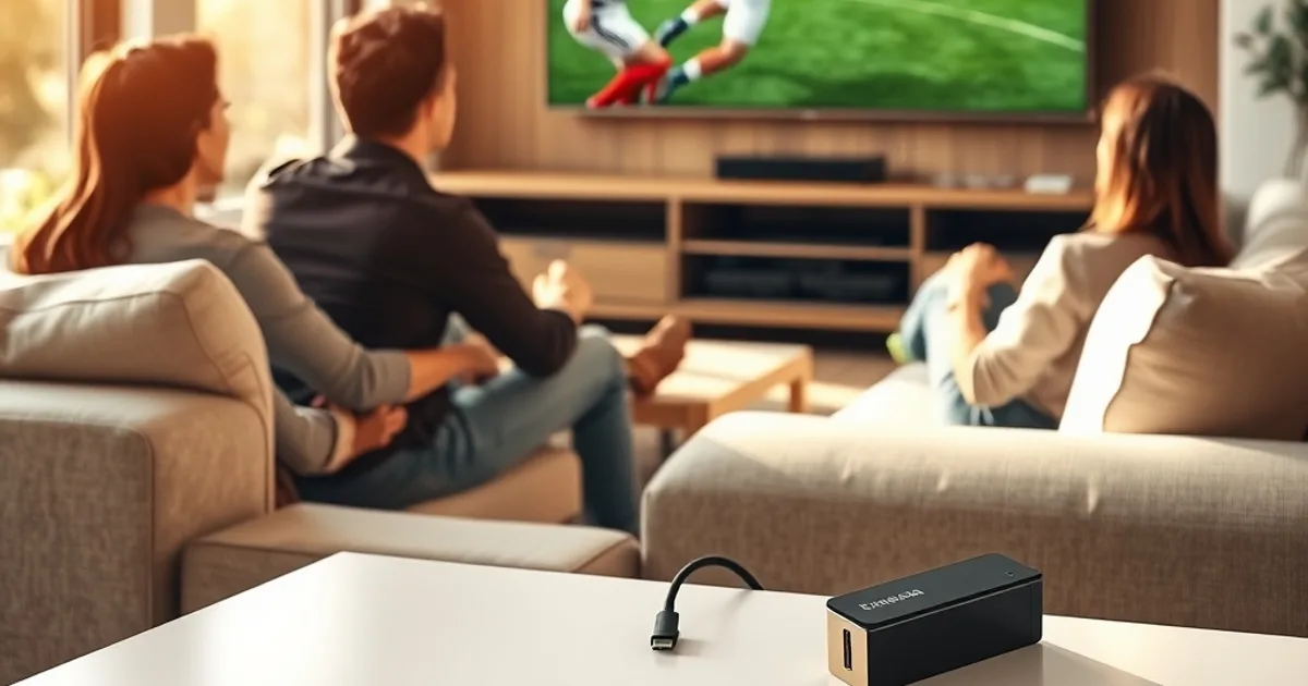 Freunde schauen bei Tageslicht in einem hellen Wohnzimmer ein Bundesliga-Spiel in 4K auf einem großen Fernseher