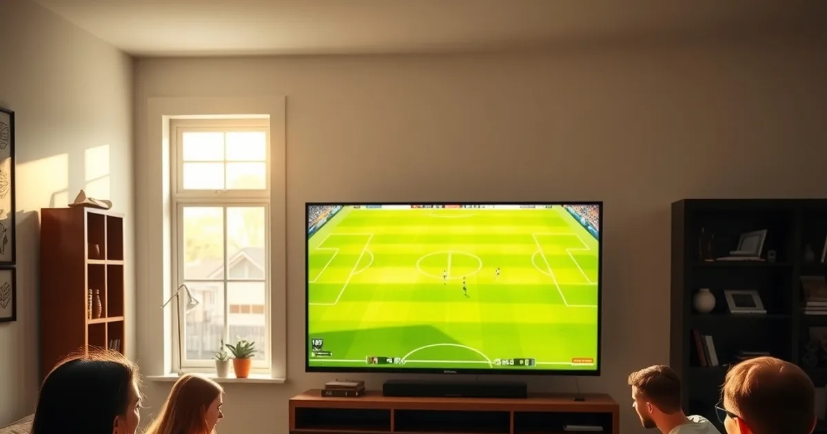Freunde schauen bei hellem Tageslicht gemeinsam ein Fußballspiel auf einem großen Fernseher im Wohnzimmer