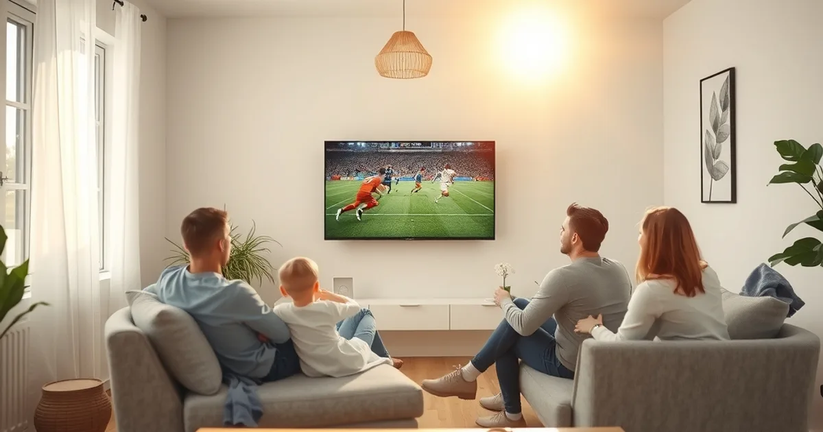 Eine Familie sitzt in einem hellen, sonnigen Wohnzimmer auf dem Sofa und schaut gemeinsam ein Fußballspiel auf einem großen Flachbildfernseher.