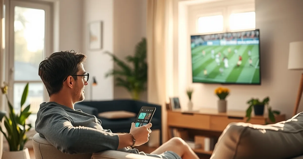 Mann sitzt entspannt auf dem Sofa und prüft am Tablet den Free-TV-Spielplan, während im Hintergrund ein Fußballspiel auf dem Fernseher läuft.