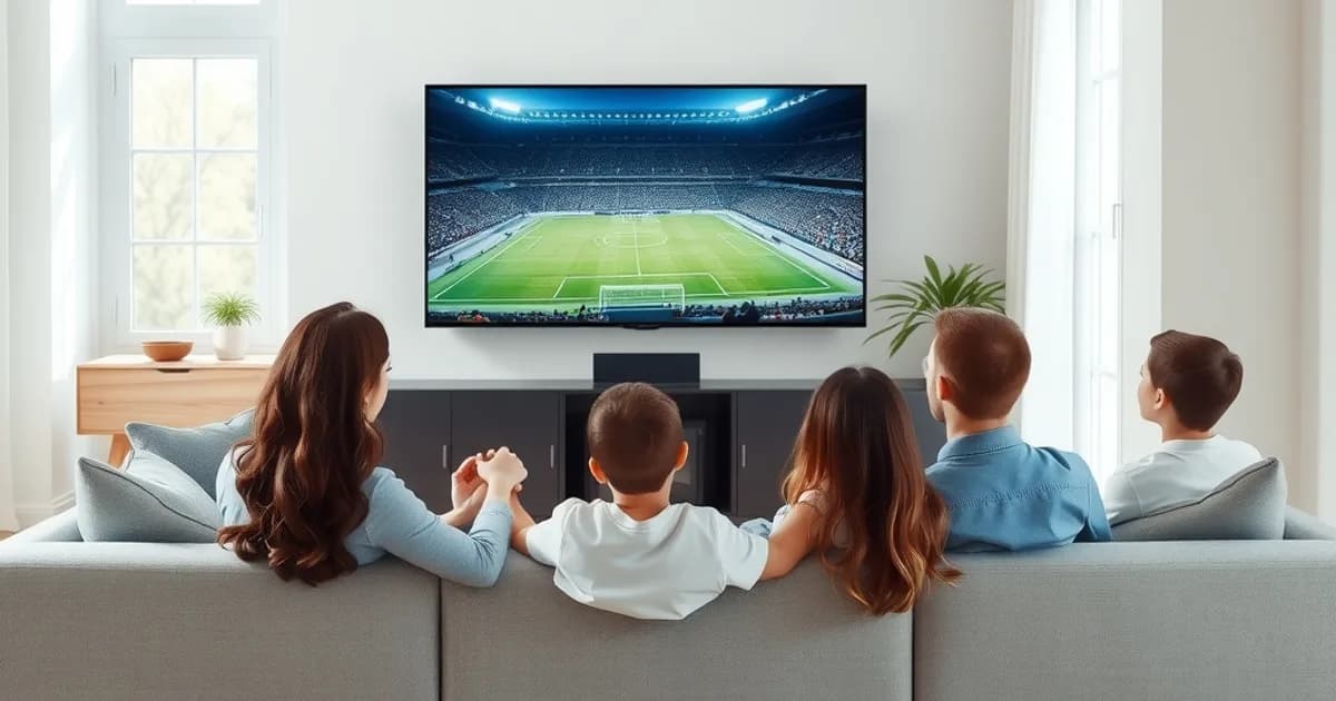 Familie schaut gemeinsam ein Fußballspiel auf einem großen Fernseher in einem hellen, gemütlichen Wohnzimmer
