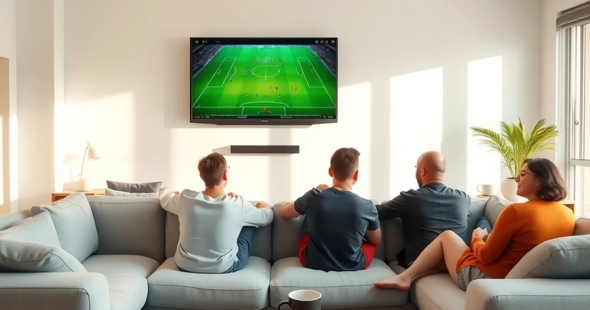 Familie schaut gemeinsam in einem hellen Wohnzimmer bei Tageslicht ein Fußballspiel auf einem großen Fernseher