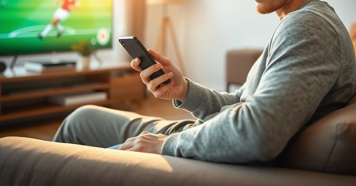 Ein Mann sitzt in einem hellen Wohnzimmer auf dem Sofa und prüft misstrauisch eine App auf seinem Smartphone, im Hintergrund läuft unscharf ein Fußballspiel auf dem Fernseher.