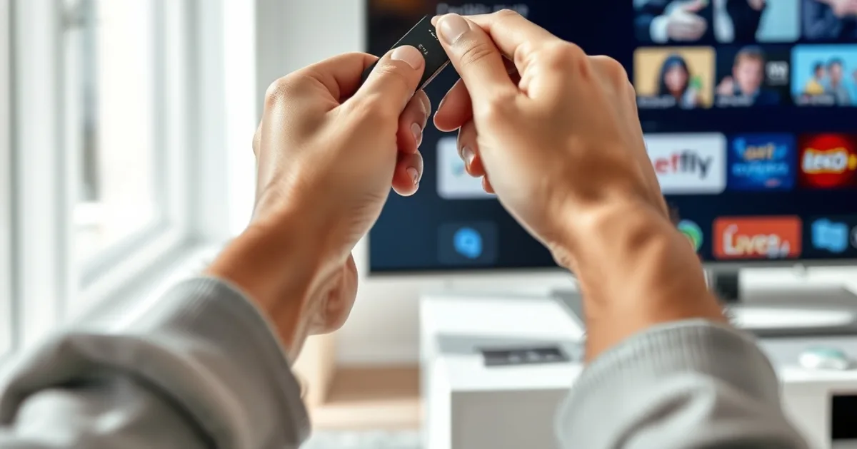 Hand steckt einen Streaming-Stick in den HDMI-Anschluss eines hellen Fernsehers