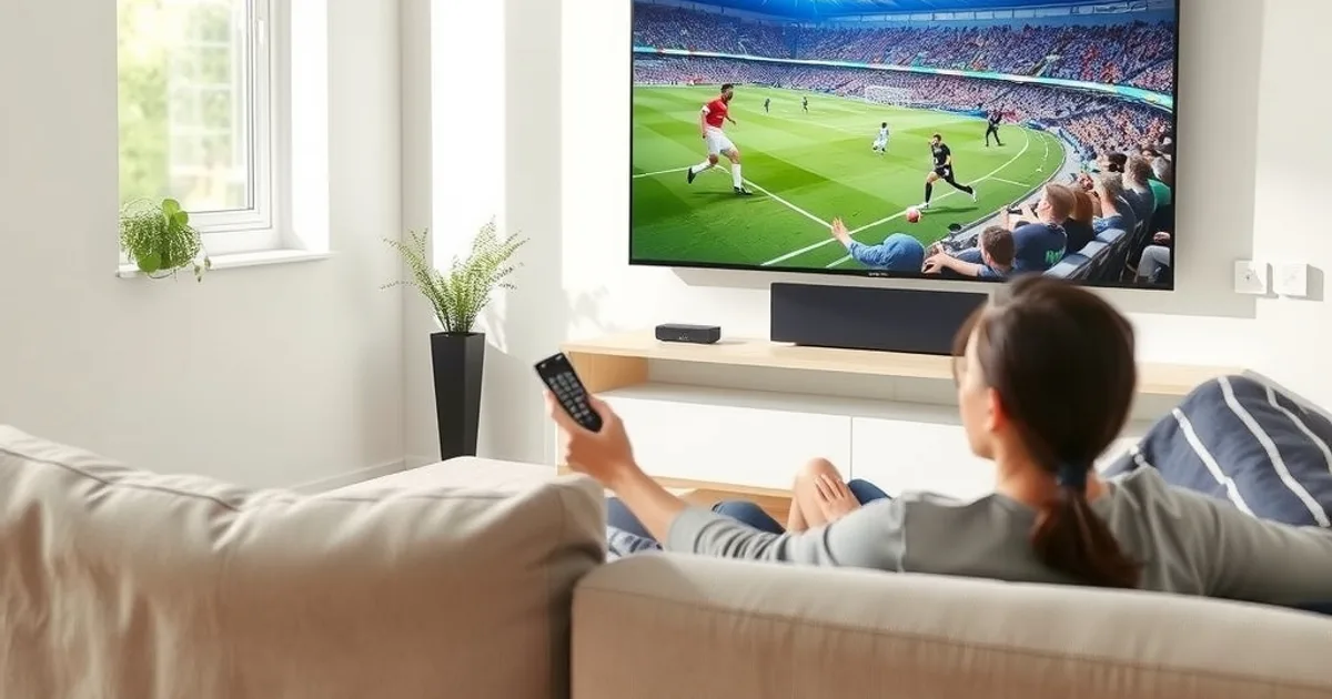 Person entspannt auf dem Sofa beim Anschauen eines gestochen scharfen 4K-Fußballspiels auf einem modernen Flachbildfernseher in einem hellen, sonnigen Wohnzimmer