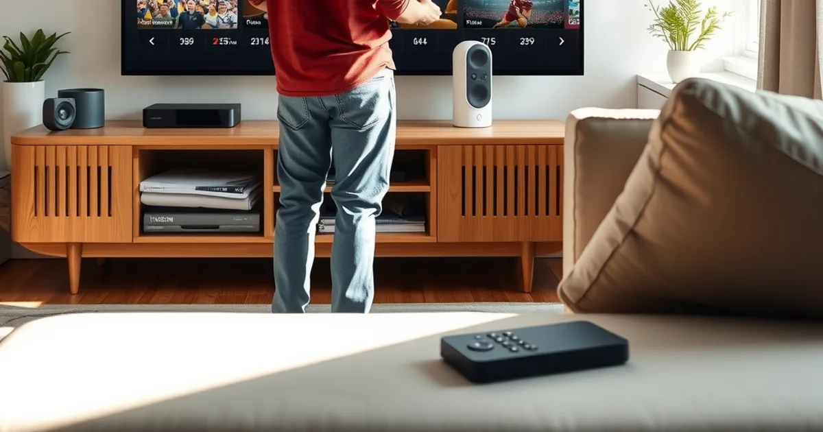 Person vergleicht zwei Streaming-Boxen vor einem 4K-Fernseher in einem hellen Wohnzimmer