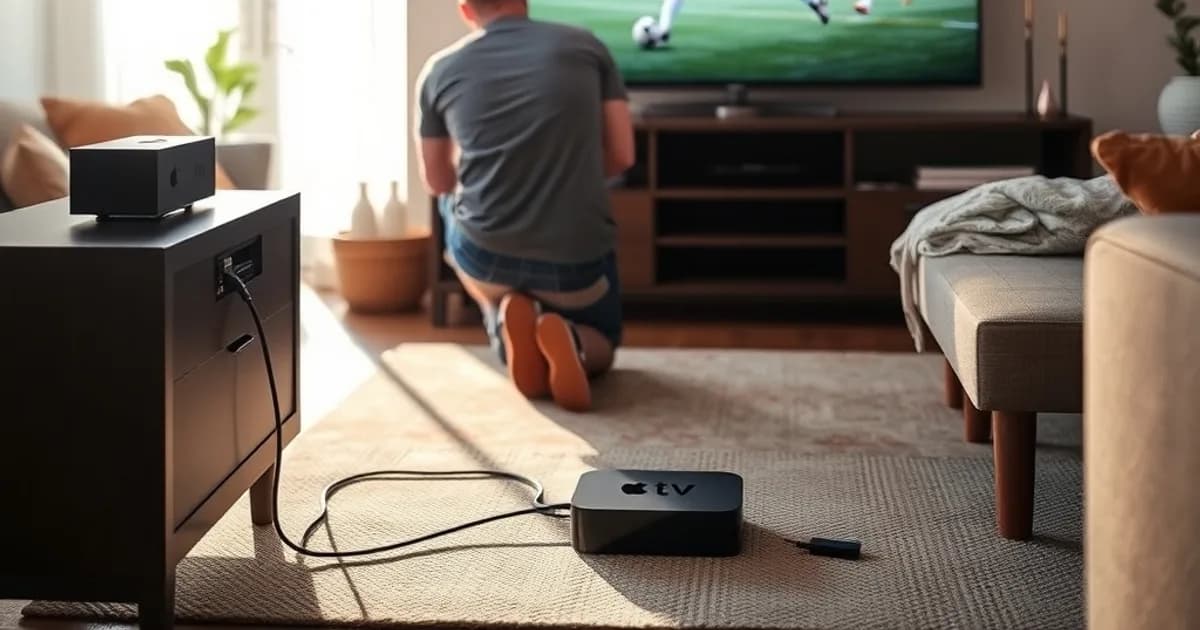 Person verbindet ein Apple TV 4K per Ethernet-Kabel im hellen Wohnzimmer, im Hintergrund läuft ein Fußballspiel auf dem Fernseher
