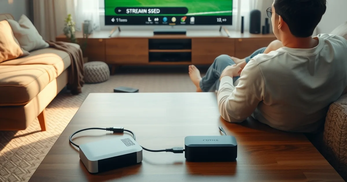 Person richtet im hellen Wohnzimmer eine externe SSD für die 4K-Aufnahme eines Fußballspiels am Fernseher ein
