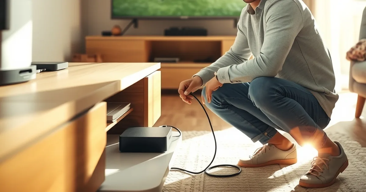 Person schließt am helllichten Tag im Wohnzimmer eine externe Festplatte per USB an eine Streaming-Box an, im Hintergrund läuft ein pausiertes Fußballspiel auf dem Fernseher