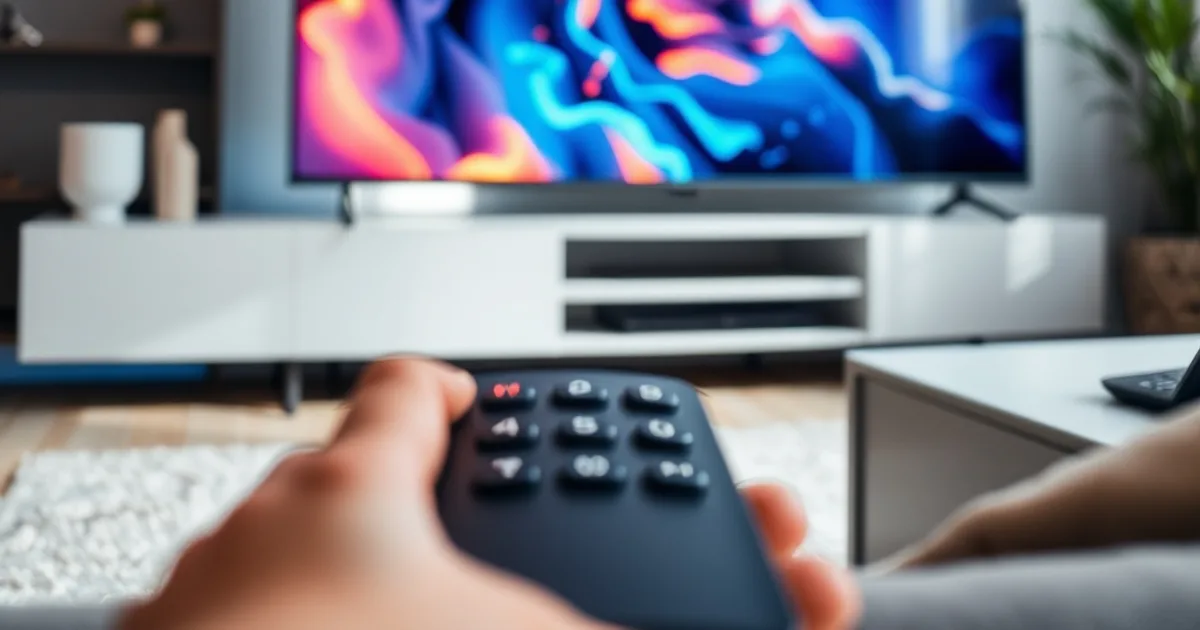 Nahaufnahme eines Fernsehers mit gestochen scharfem Bild, Fernbedienung im Vordergrund