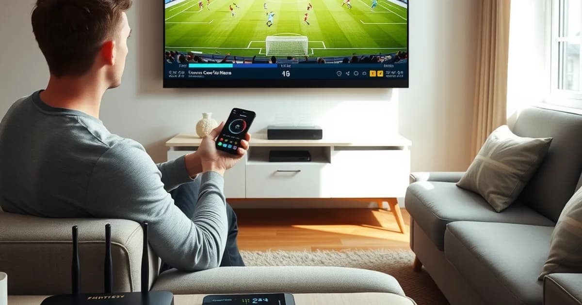 Person testet einen IPTV-Zugang im hellen Wohnzimmer, im Hintergrund ein Fußballspiel auf dem Fernseher und ein Router auf dem Tisch