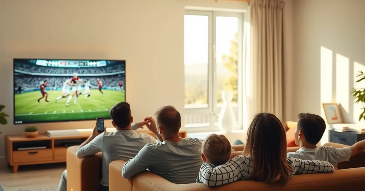 Familie schaut gespannt ein Fußballspiel im hellen Wohnzimmer und blickt dabei kurz aufs Smartphone