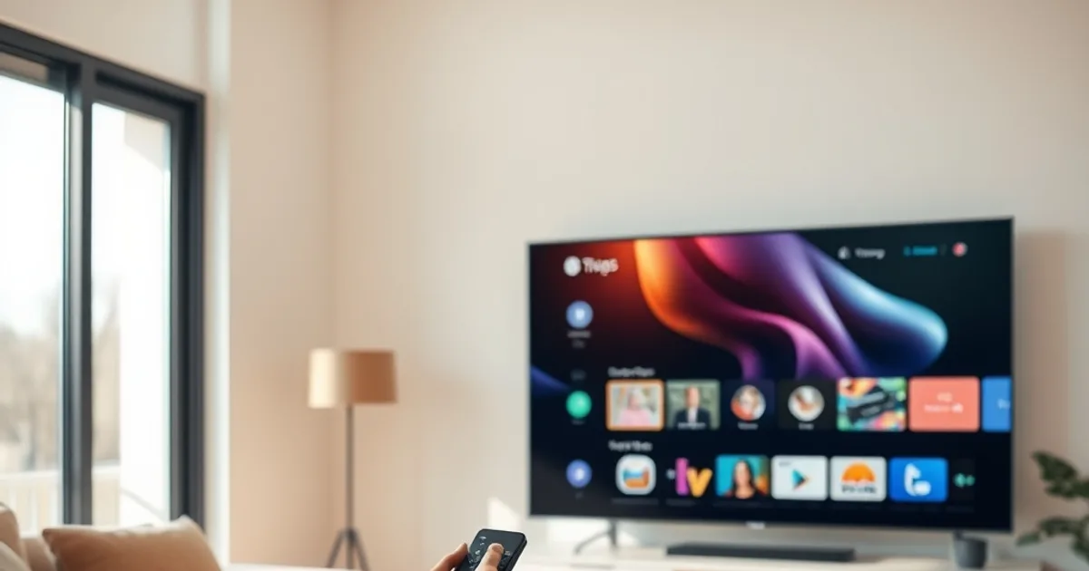 Person sitzt entspannt auf dem Sofa in einem hellen Wohnzimmer und passt mit der Fernbedienung die Einstellungen des Streaming-Geräts auf dem Fernseher an