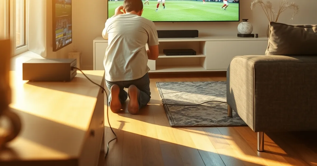Eine Person kniet im hellen Wohnzimmer hinter dem TV-Möbel und schließt ein Ethernet-Kabel am Router an, im Hintergrund ein pausiertes Fußballspiel auf dem Fernseher