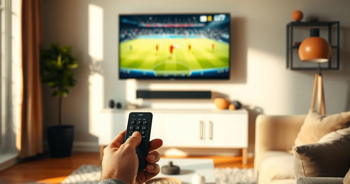 Person stellt bei Tageslicht im Wohnzimmer die Soundbar ein, während im Hintergrund ein Fußballspiel auf dem Fernseher läuft
