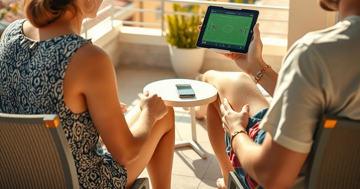 Freunde sitzen bei Tageslicht auf einer sonnigen Terrasse im Mittelmeerraum und schauen gemeinsam ein Fußballspiel auf einem Tablet.
