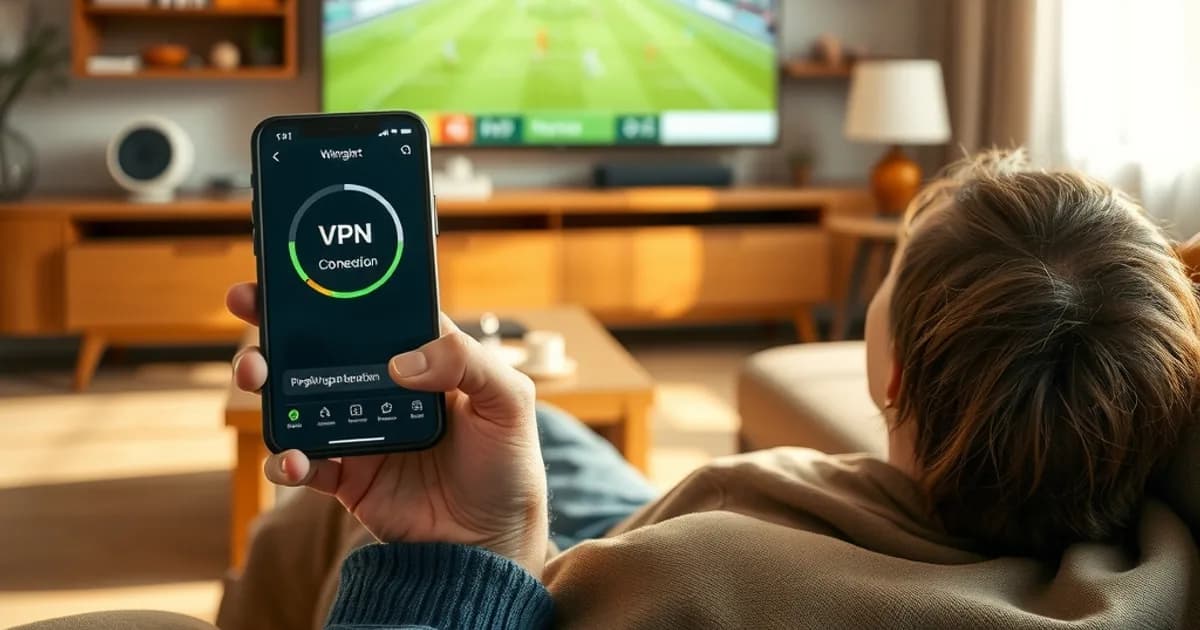 Person entspannt auf dem Sofa, aktiviert ein VPN auf dem Smartphone, im Hintergrund läuft ein Fußballspiel auf dem Fernseher in einem hellen Wohnzimmer