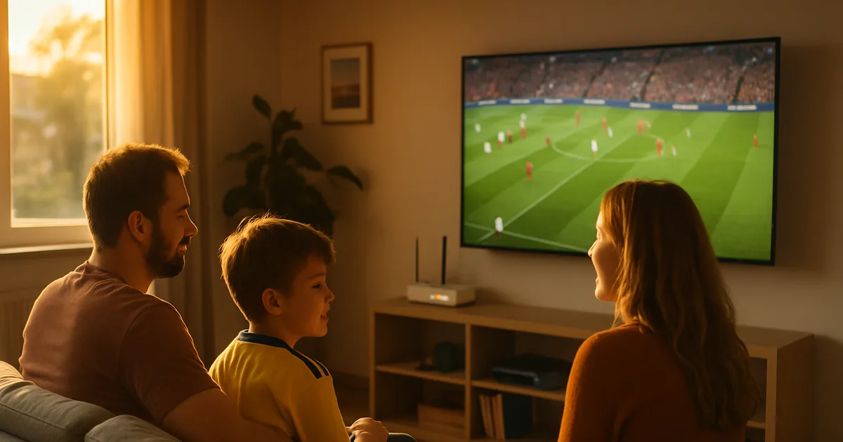 Eine Familie schaut abends entspannt ein Fußballspiel im hellen Wohnzimmer, im Hintergrund steht ein Router mit blinkenden LEDs auf einem Regal.