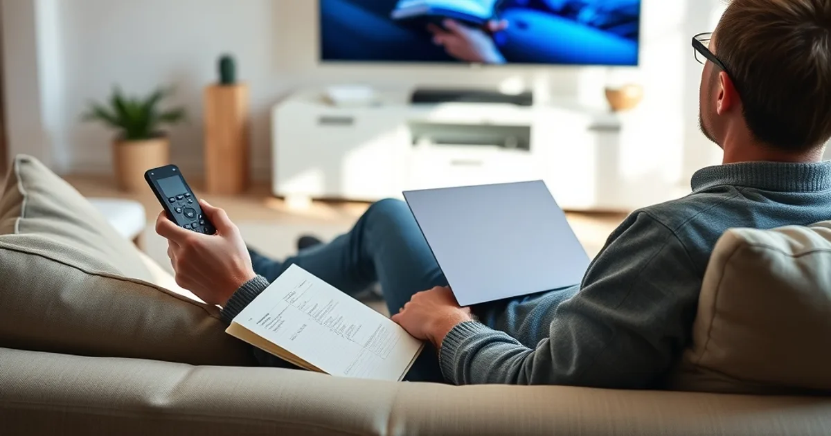 Person sitzt entspannt mit einer Fernbedienung vor einem hellen Fernseher und einem Notizbuch