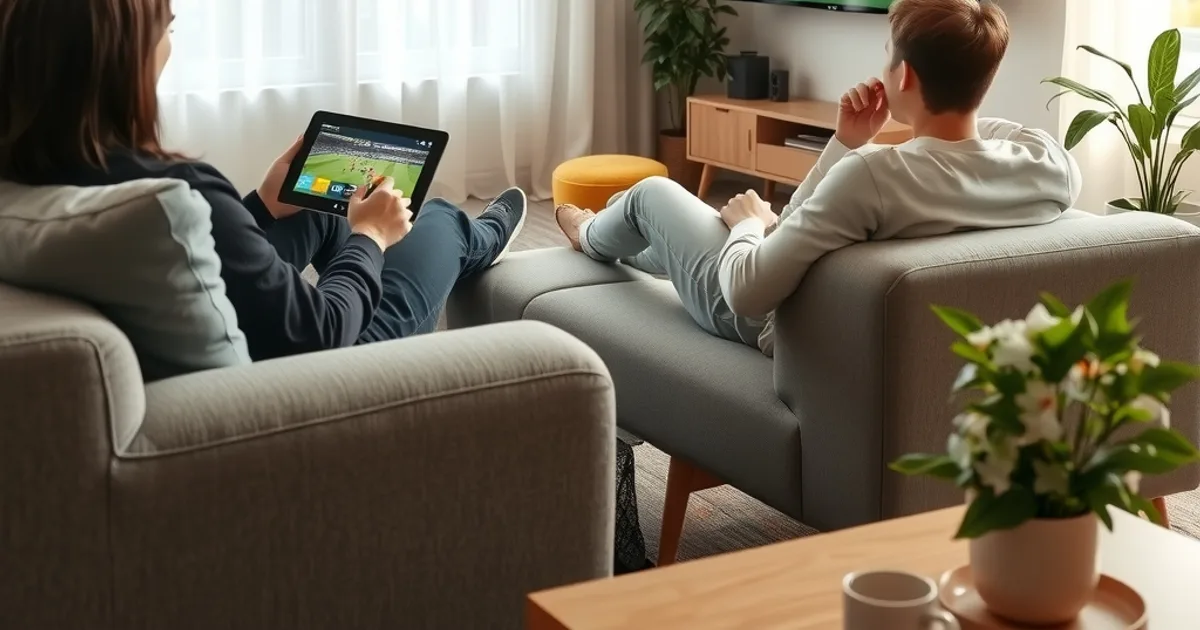 Paar sitzt entspannt in einem hellen Wohnzimmer vor dem Fernseher, im Vordergrund ein Tablet mit einer Übersicht von Streaming-Kanälen auf dem Couchtisch