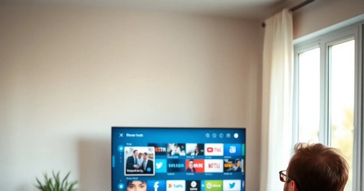 Person sitzt im hellen Wohnzimmer vor einem Fernseher und vergleicht zwei IPTV-Player-Setups bei Tageslicht