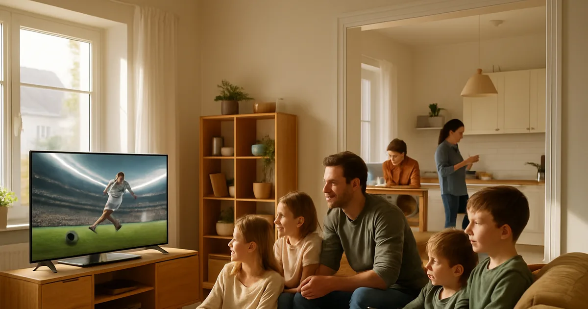 Familie schaut in einem hellen Wohnzimmer gemeinsam Fußball in 4K, während im Hintergrund weitere Familienmitglieder auf Tablet und Smartphone streamen.