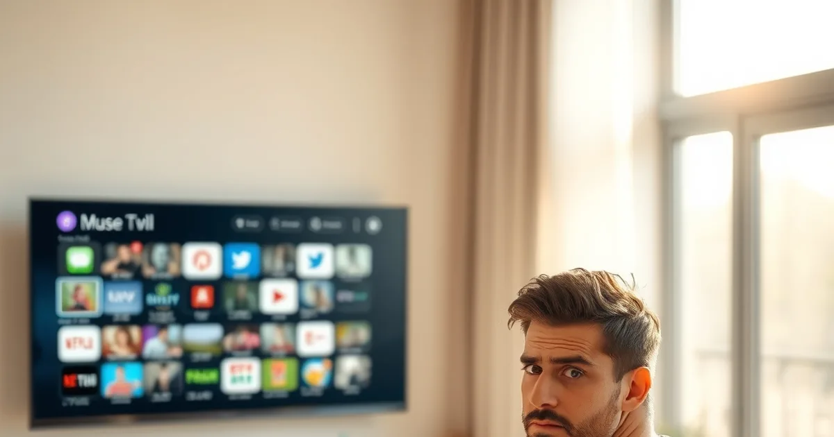 Mann sitzt in einem hellen, sonnigen Wohnzimmer auf dem Sofa und betrachtet besorgt sein Smartphone, im Hintergrund ein Fernseher mit unscharfen App-Symbolen