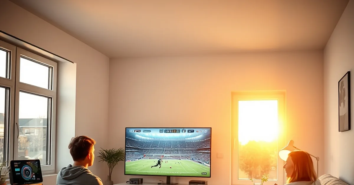 Familie schaut abends im hellen Wohnzimmer Fußball auf einem 4K-Fernseher, im Hintergrund ein Router auf einem Regal