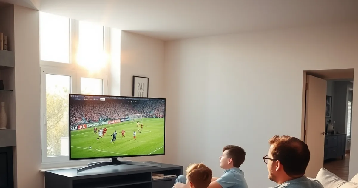 Familie schaut gemeinsam ein Fußballspiel in 4K auf einem Samsung Fernseher in einem hellen, sonnigen Wohnzimmer.