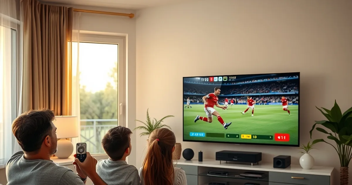 Familie schaut in einem hellen Wohnzimmer am frühen Abend ein Fußballspiel auf einem großen 4K-Fernseher, ein Streaming-Stick steckt sichtbar am HDMI-Anschluss.