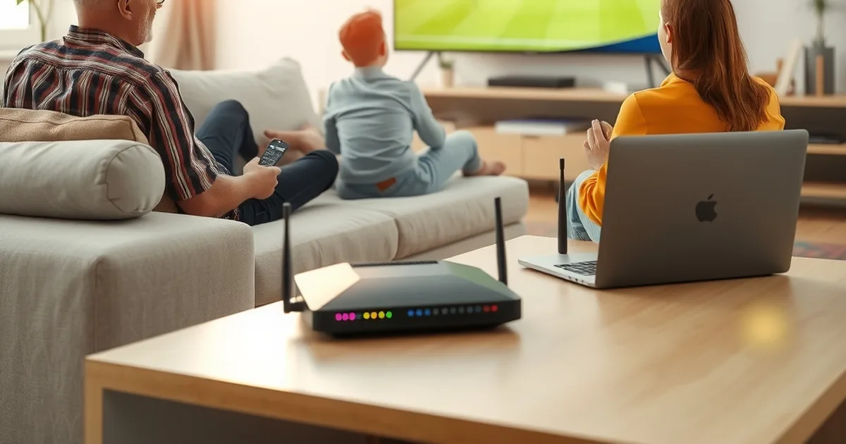 Familie schaut entspannt ein Fußballspiel in 4K auf einem großen Fernseher, im Hintergrund ein Router und ein Laptop mit Netzwerktest
