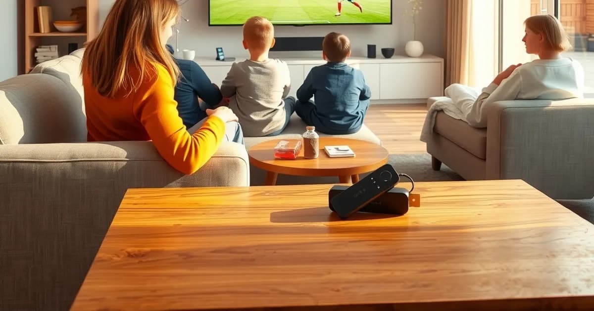 Familie schaut in einem hellen Wohnzimmer bei Tageslicht ein WM-2026-Spiel auf einem großen 4K-Fernseher